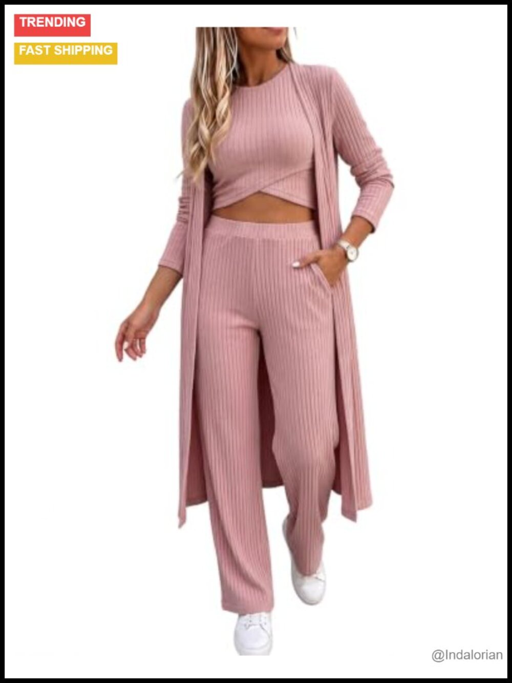 Ribbed 3 Piece Lounge Set Long Cardigan Criss Cross Top Wide Leg Pants